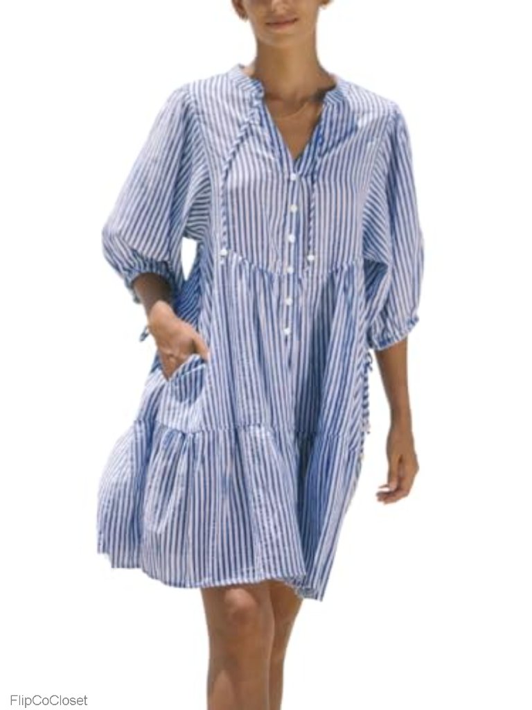 Striped Midi Shirt Dress With Pockets V-Neck Tiered Boho Babydoll